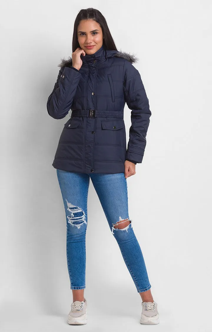 Spykar Navy Nylon Full Sleeve Hooded Jacket For Women