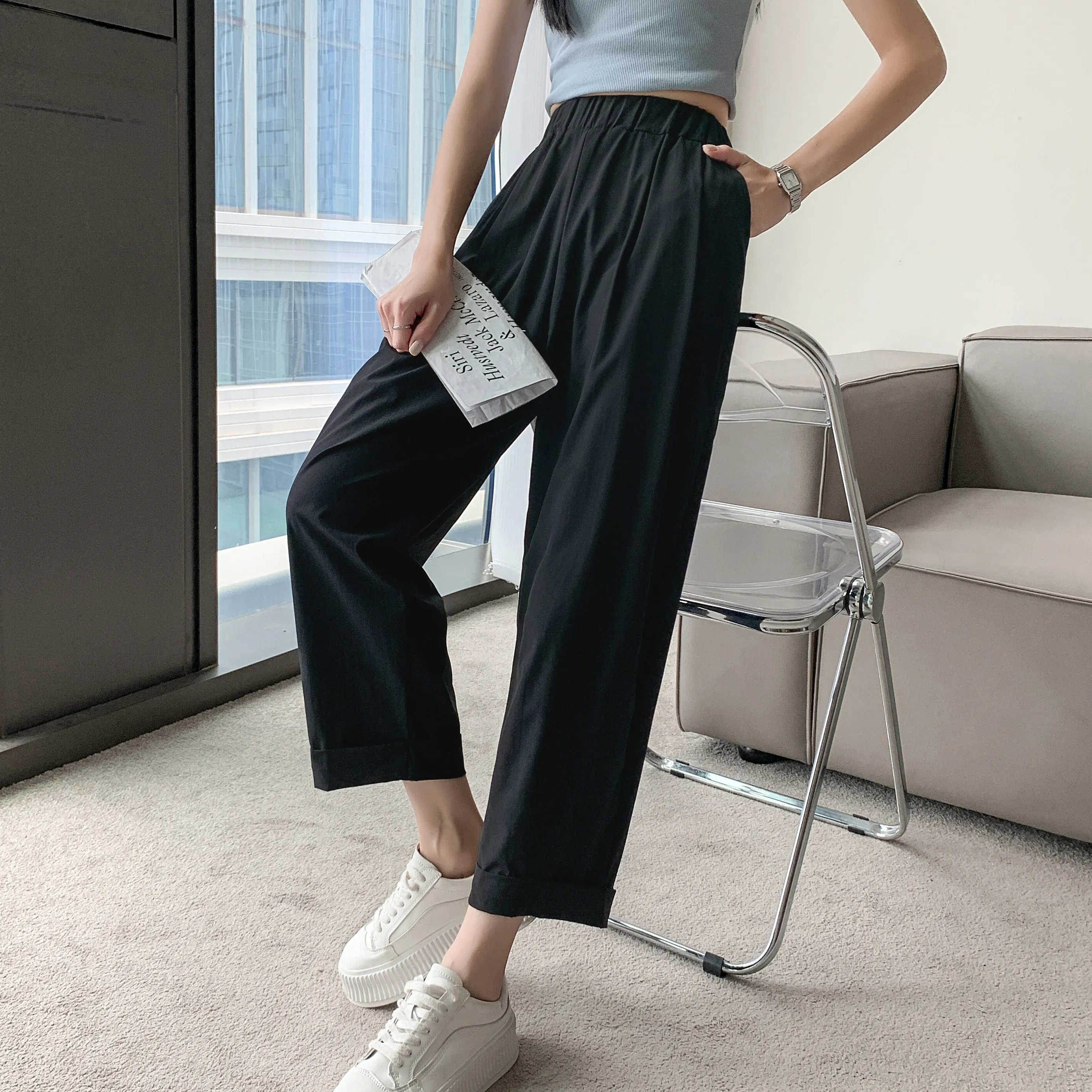 Straight Leg Loose Fit Pockets Solid Color Versatile Ankle Cut Pants