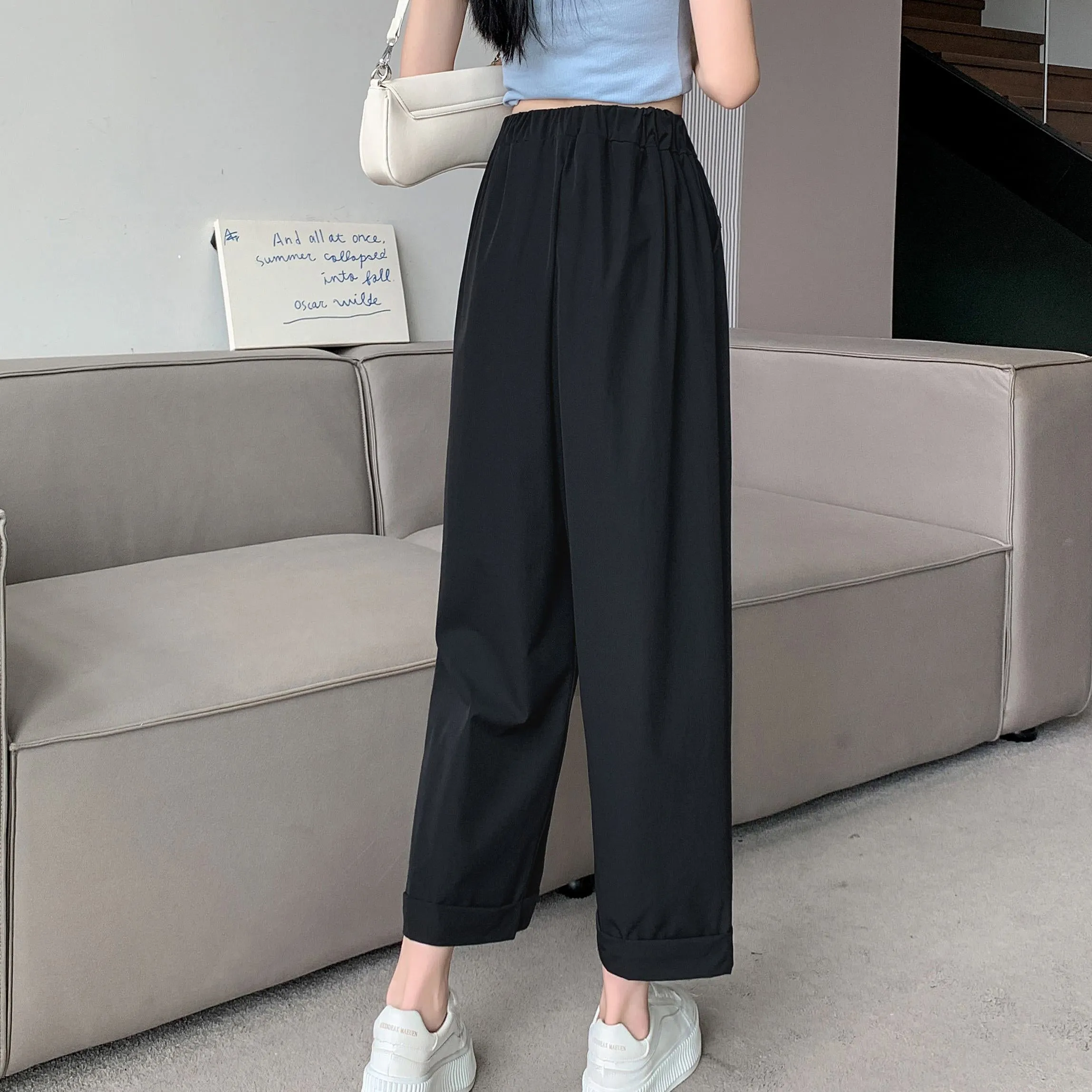 Straight Leg Loose Fit Pockets Solid Color Versatile Ankle Cut Pants