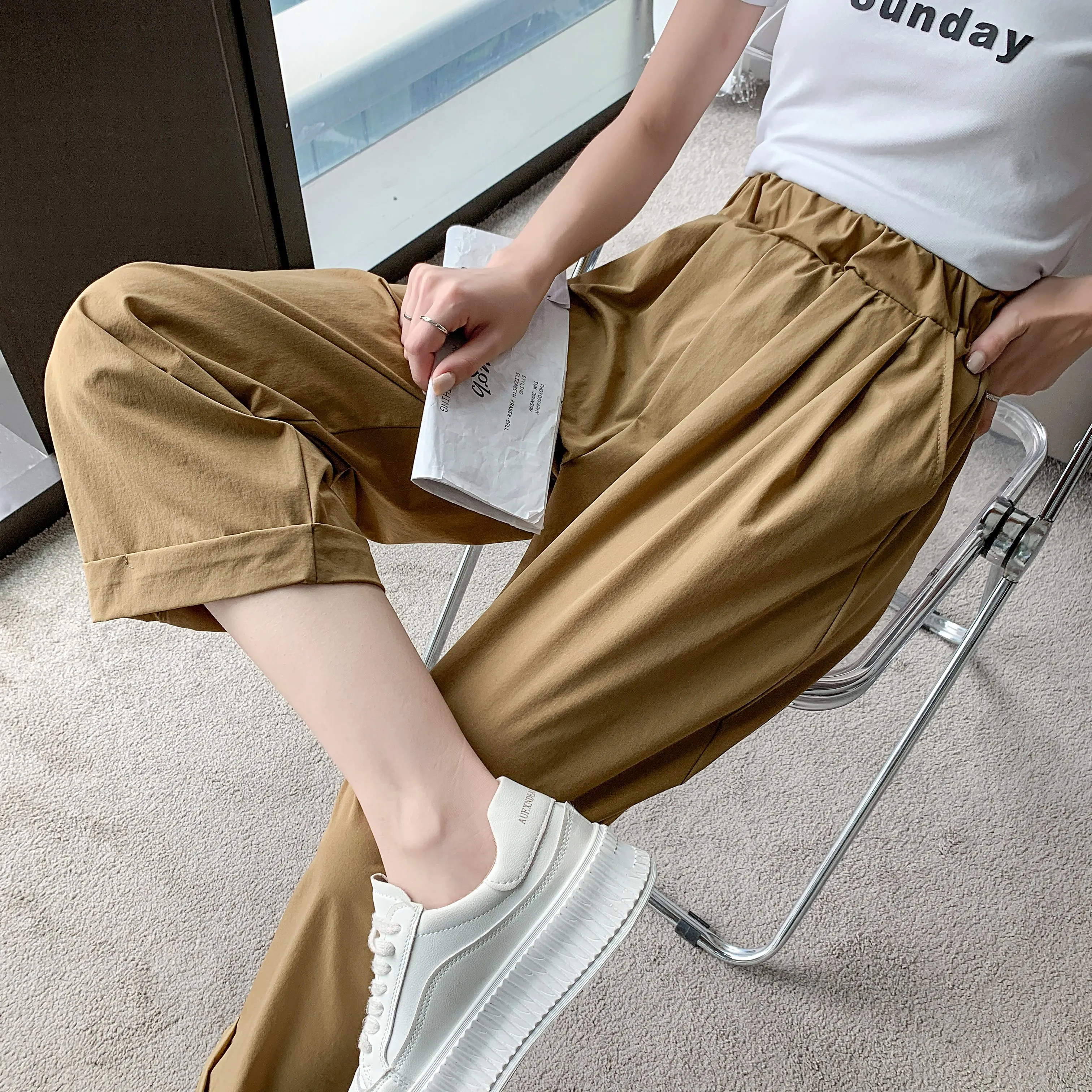 Straight Leg Loose Fit Pockets Solid Color Versatile Ankle Cut Pants