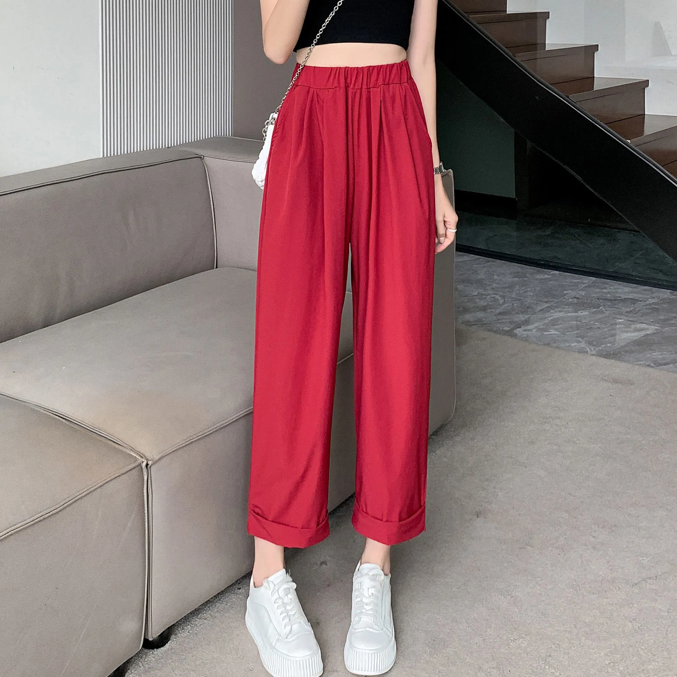 Straight Leg Loose Fit Pockets Solid Color Versatile Ankle Cut Pants