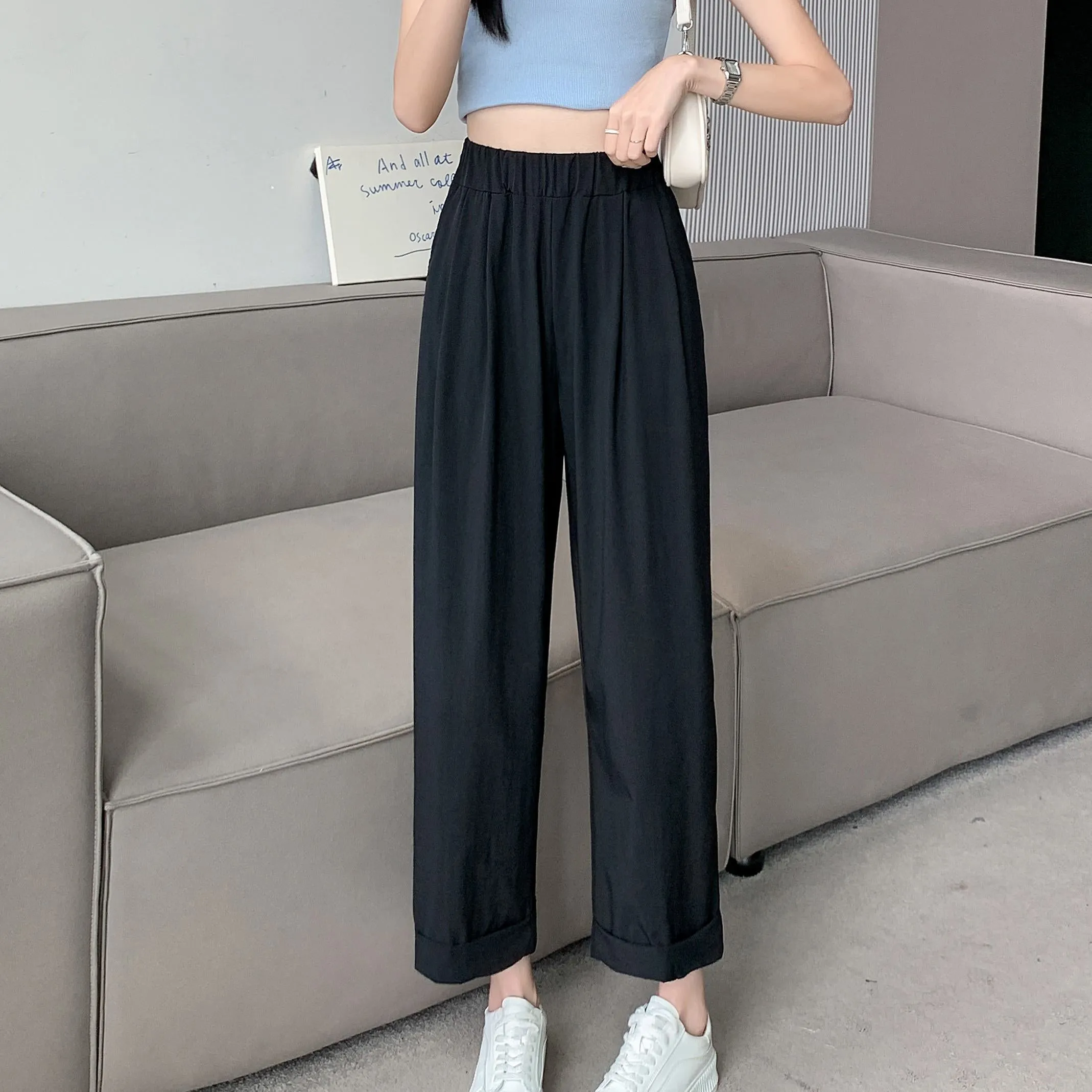 Straight Leg Loose Fit Pockets Solid Color Versatile Ankle Cut Pants