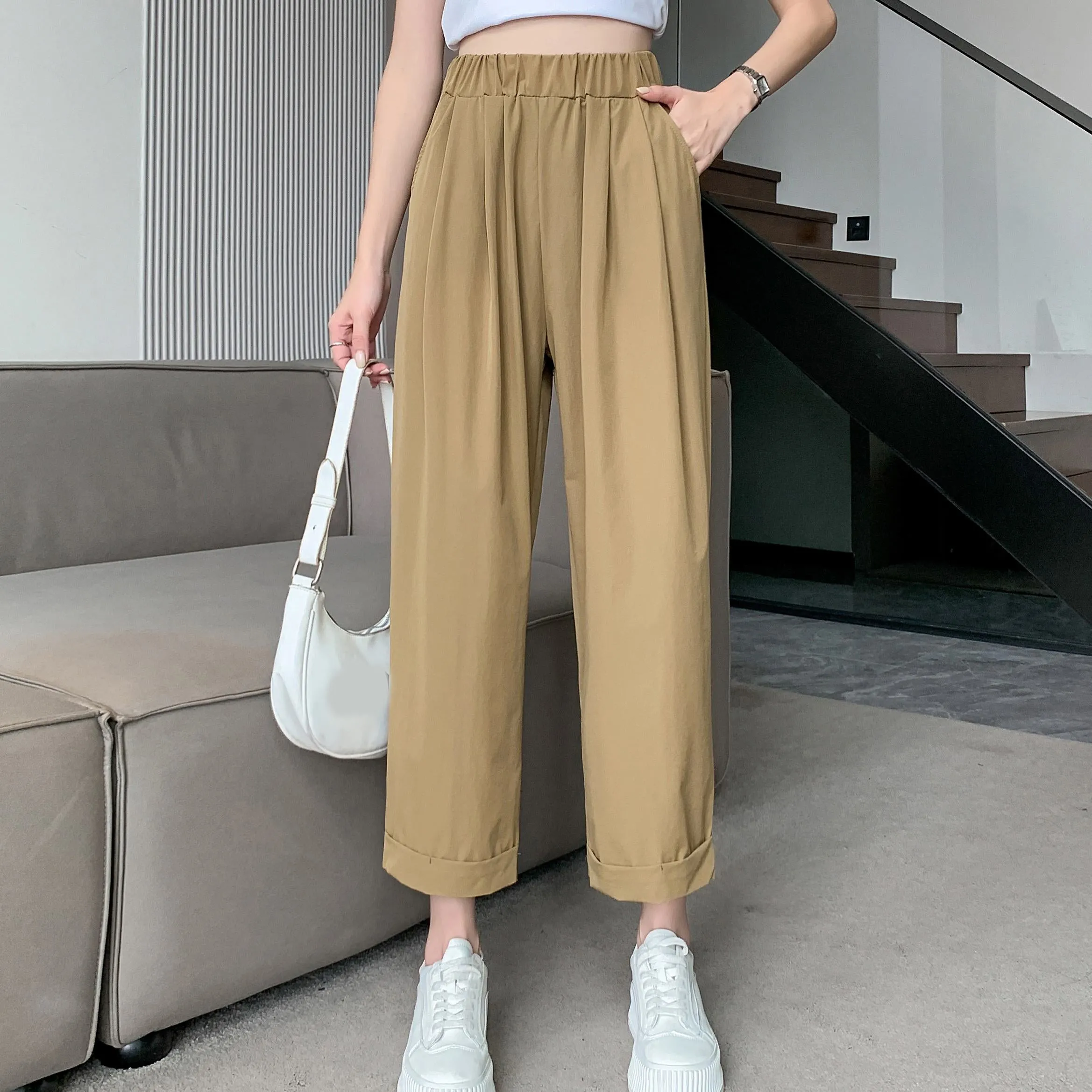 Straight Leg Loose Fit Pockets Solid Color Versatile Ankle Cut Pants