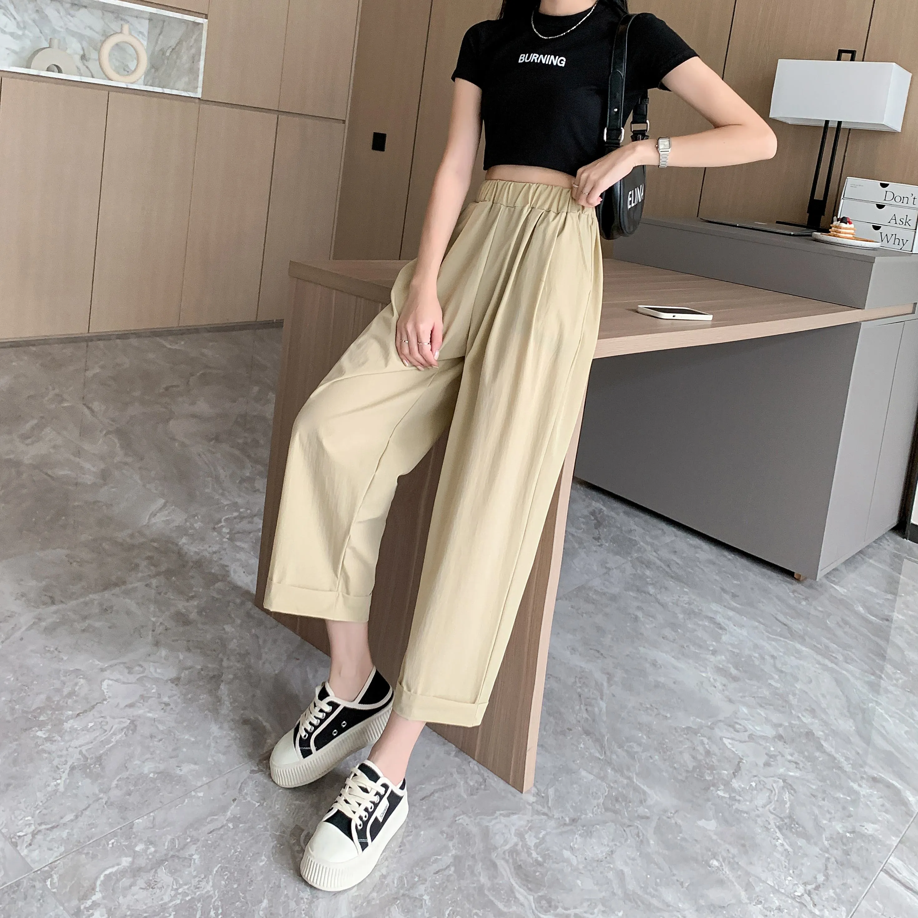 Straight Leg Loose Fit Pockets Solid Color Versatile Ankle Cut Pants