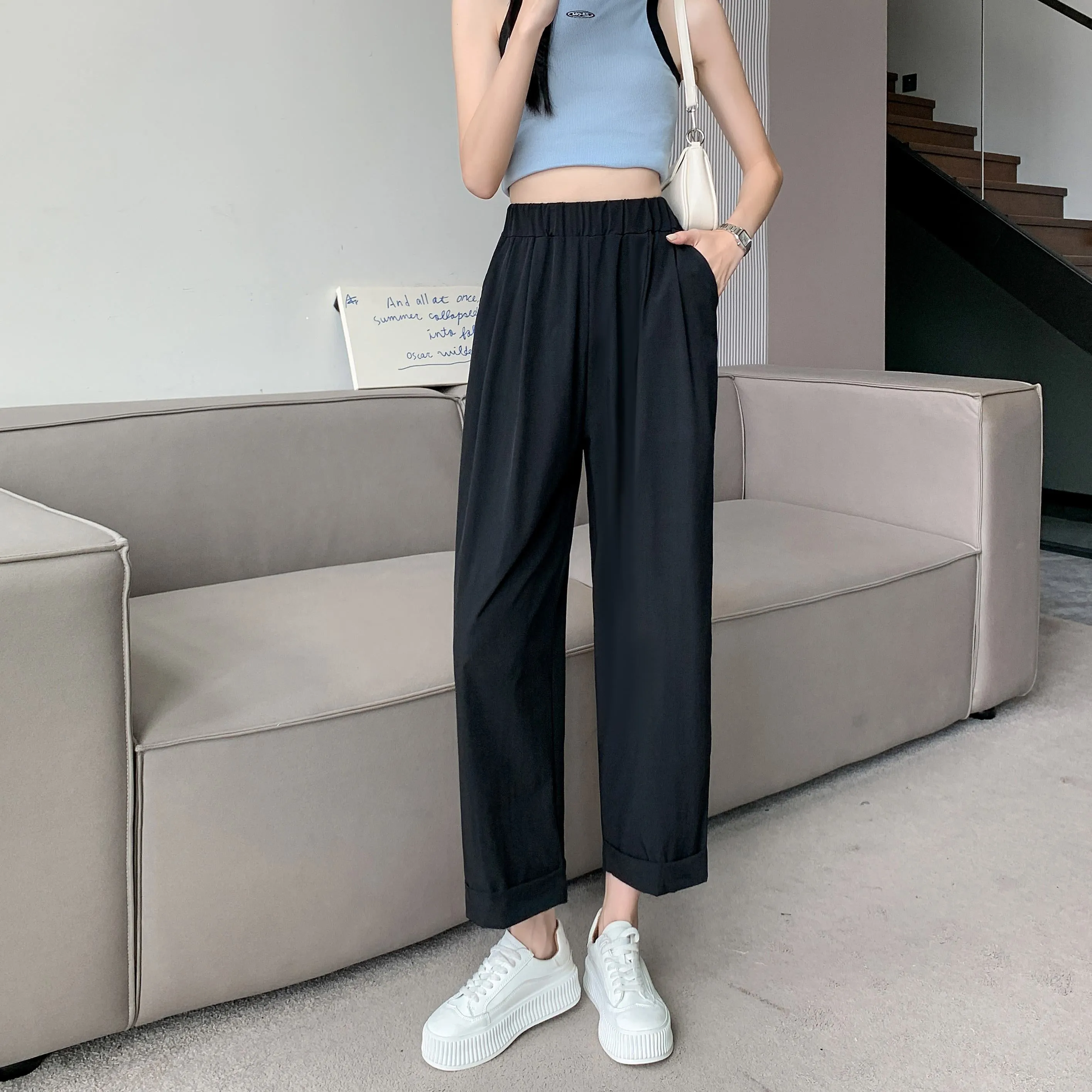 Straight Leg Loose Fit Pockets Solid Color Versatile Ankle Cut Pants