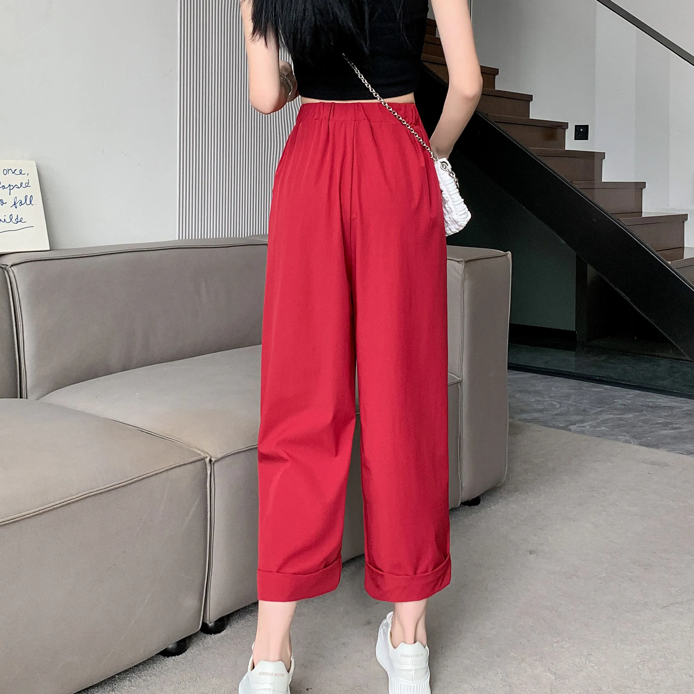 Straight Leg Loose Fit Pockets Solid Color Versatile Ankle Cut Pants