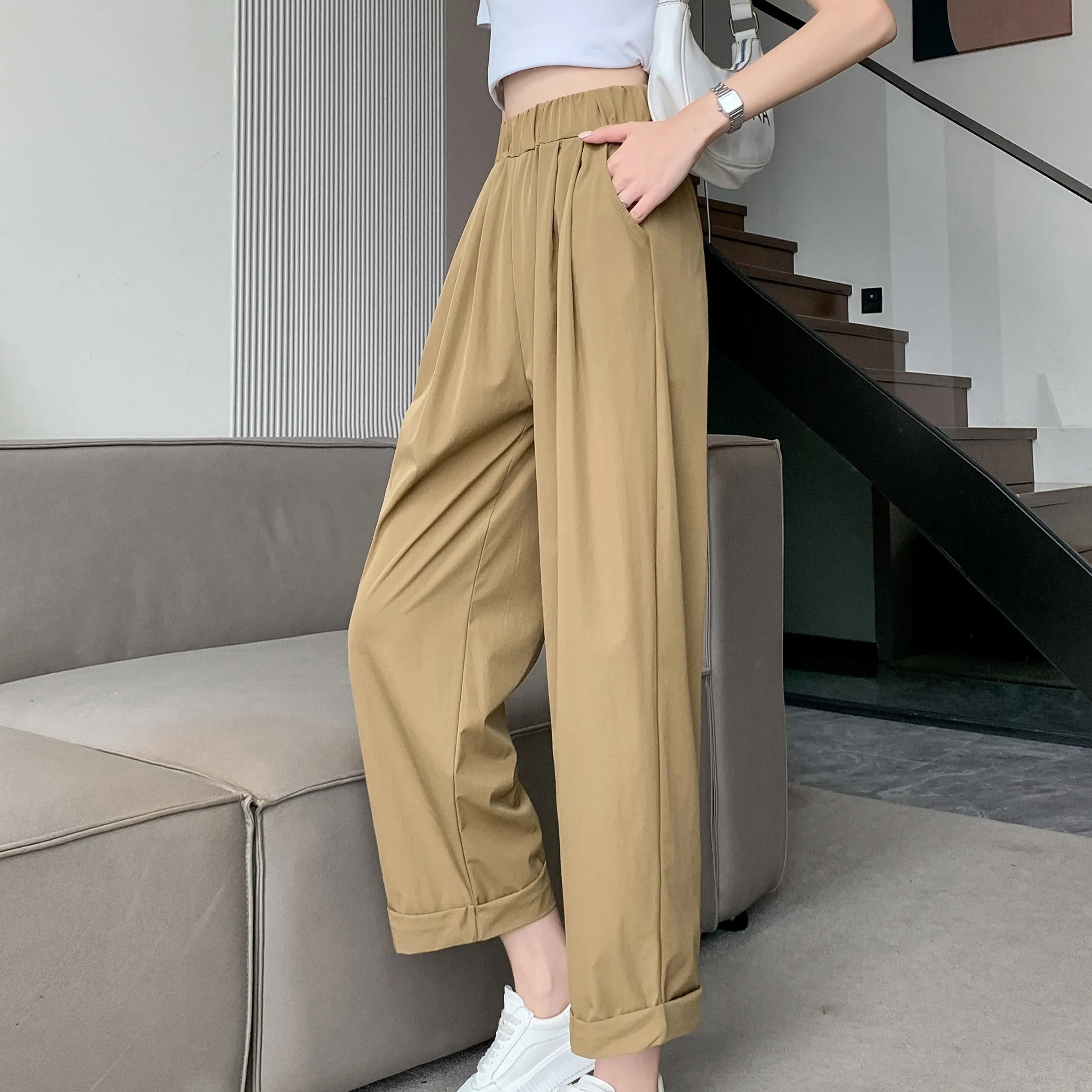 Straight Leg Loose Fit Pockets Solid Color Versatile Ankle Cut Pants