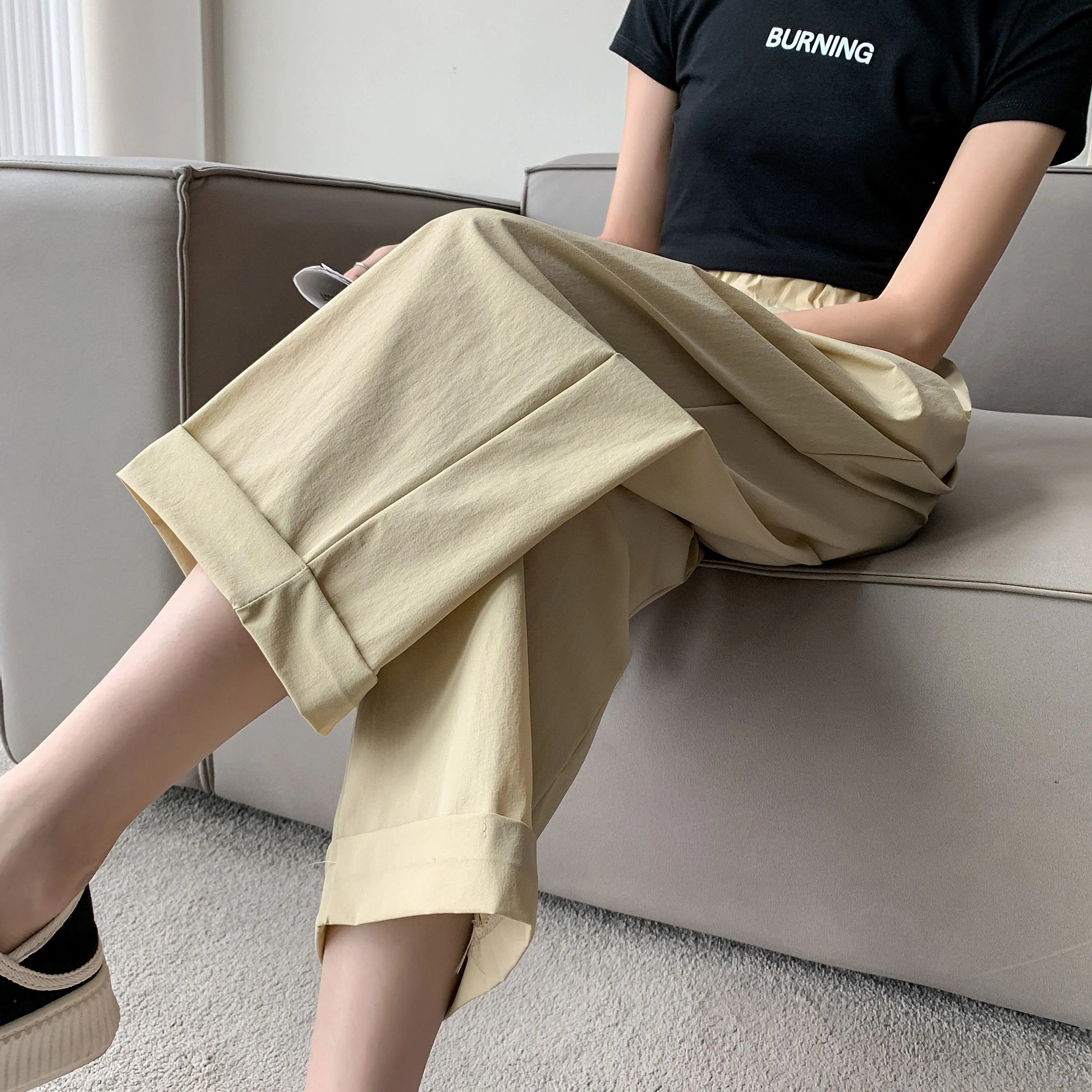 Straight Leg Loose Fit Pockets Solid Color Versatile Ankle Cut Pants