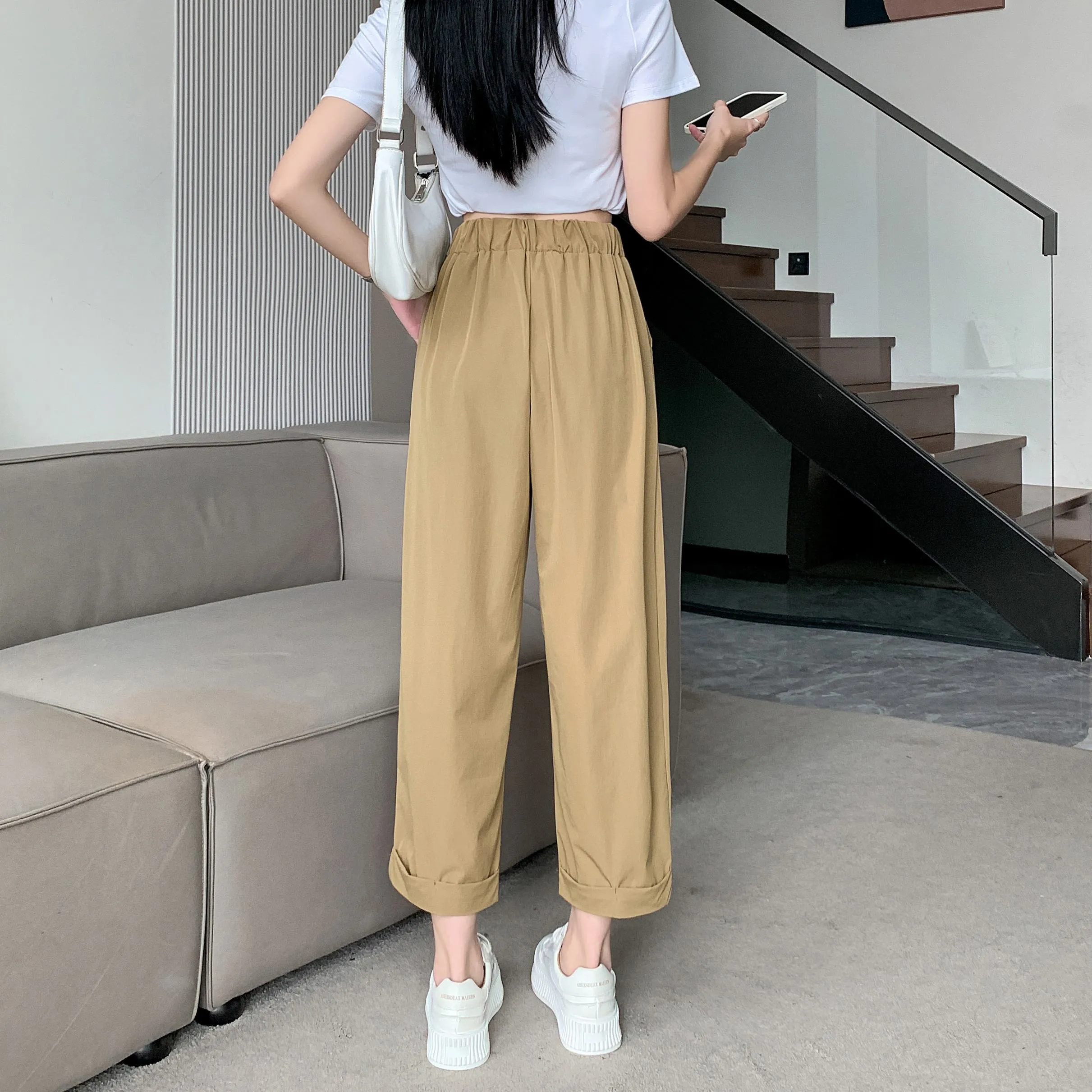 Straight Leg Loose Fit Pockets Solid Color Versatile Ankle Cut Pants