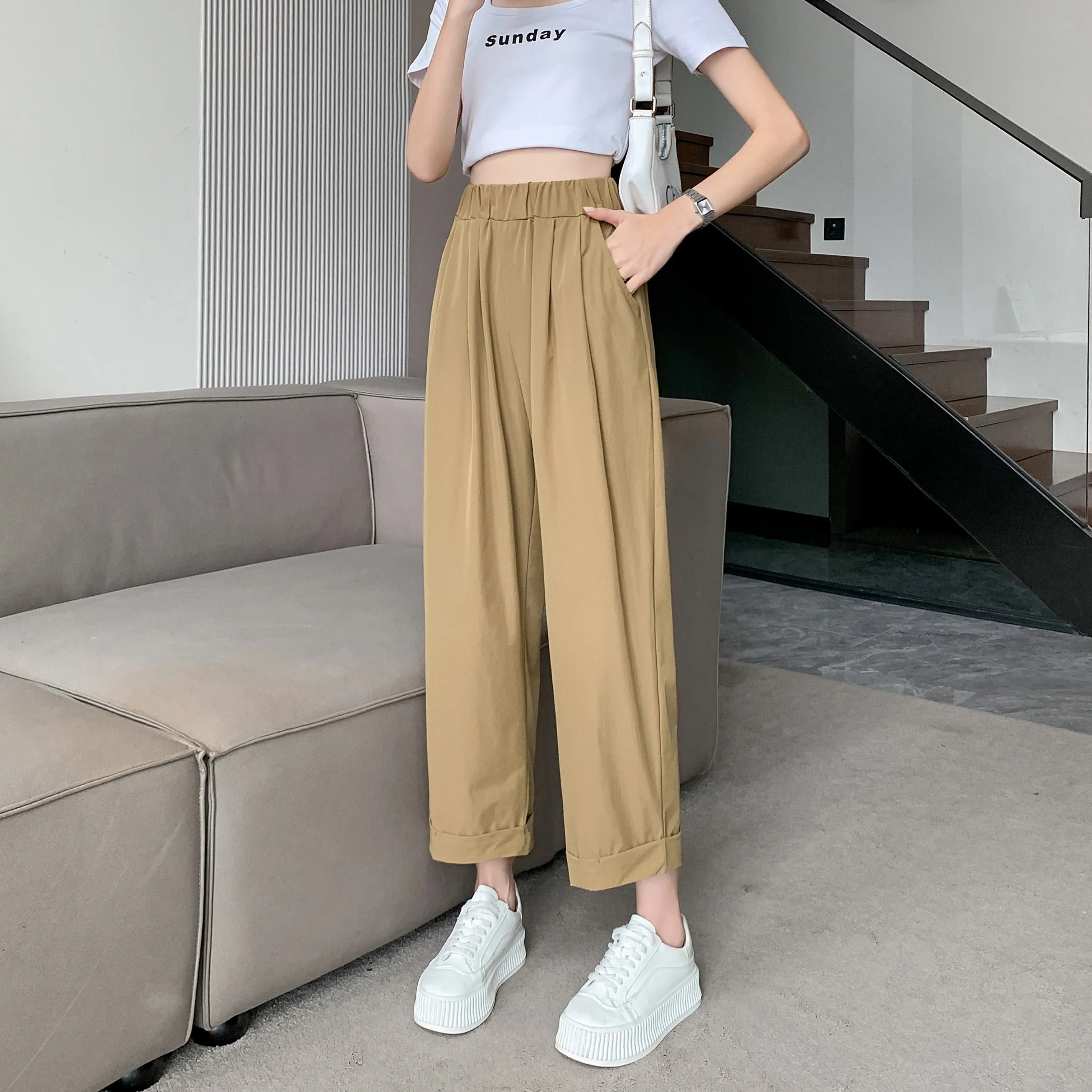 Straight Leg Loose Fit Pockets Solid Color Versatile Ankle Cut Pants