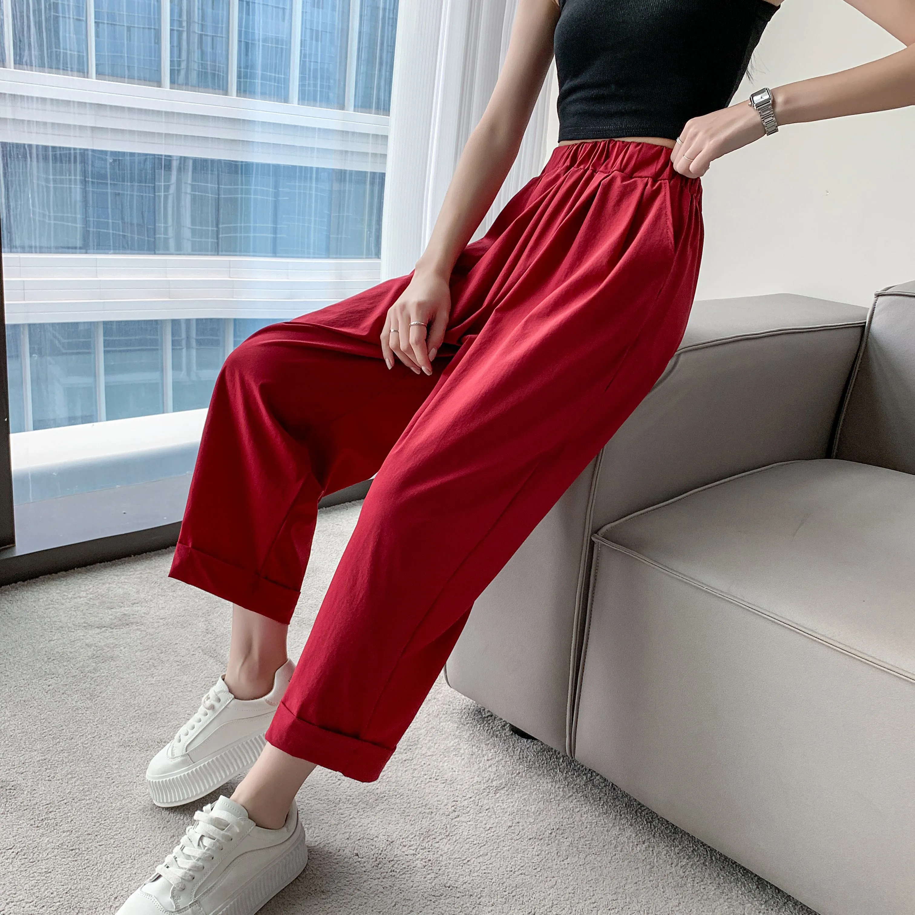 Straight Leg Loose Fit Pockets Solid Color Versatile Ankle Cut Pants