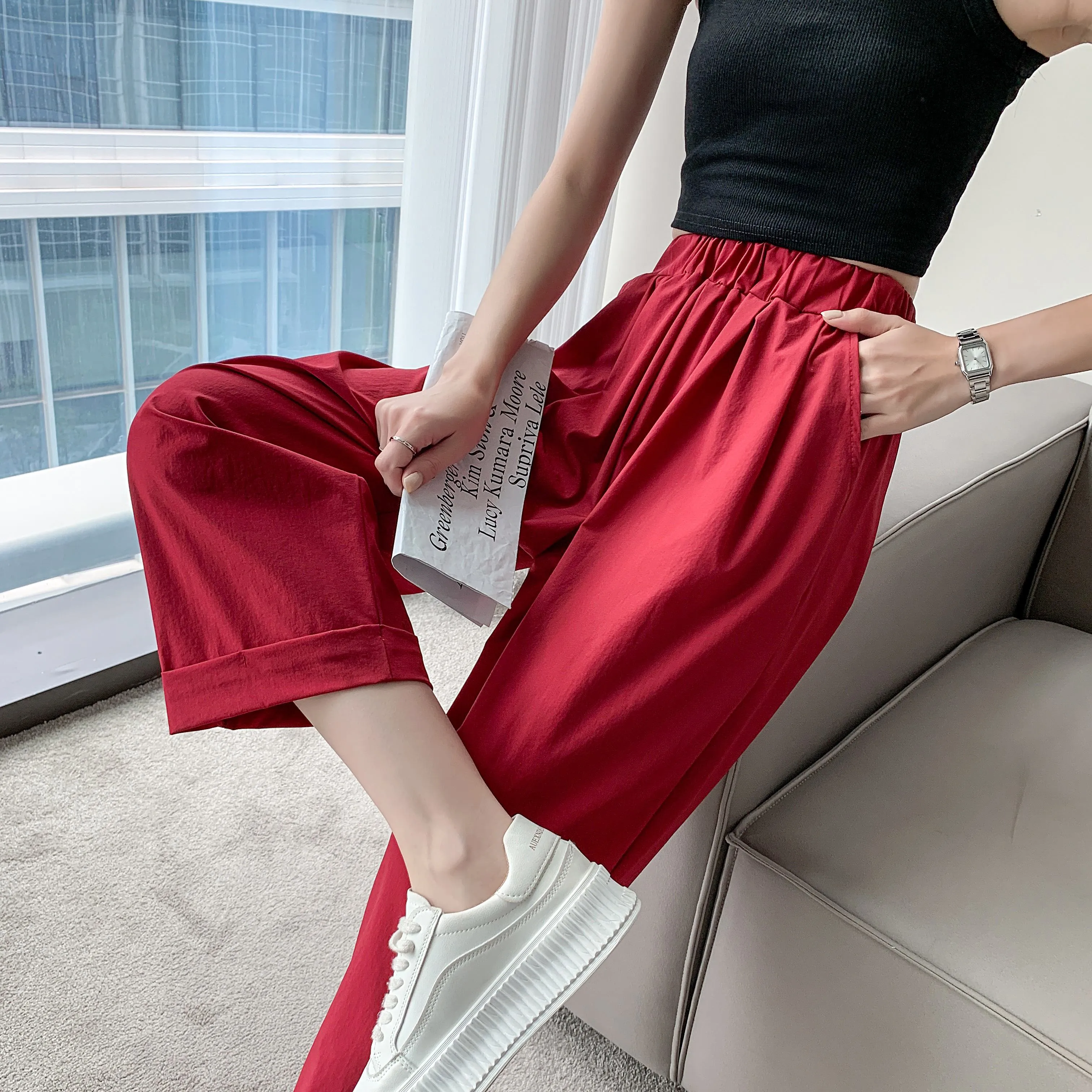 Straight Leg Loose Fit Pockets Solid Color Versatile Ankle Cut Pants