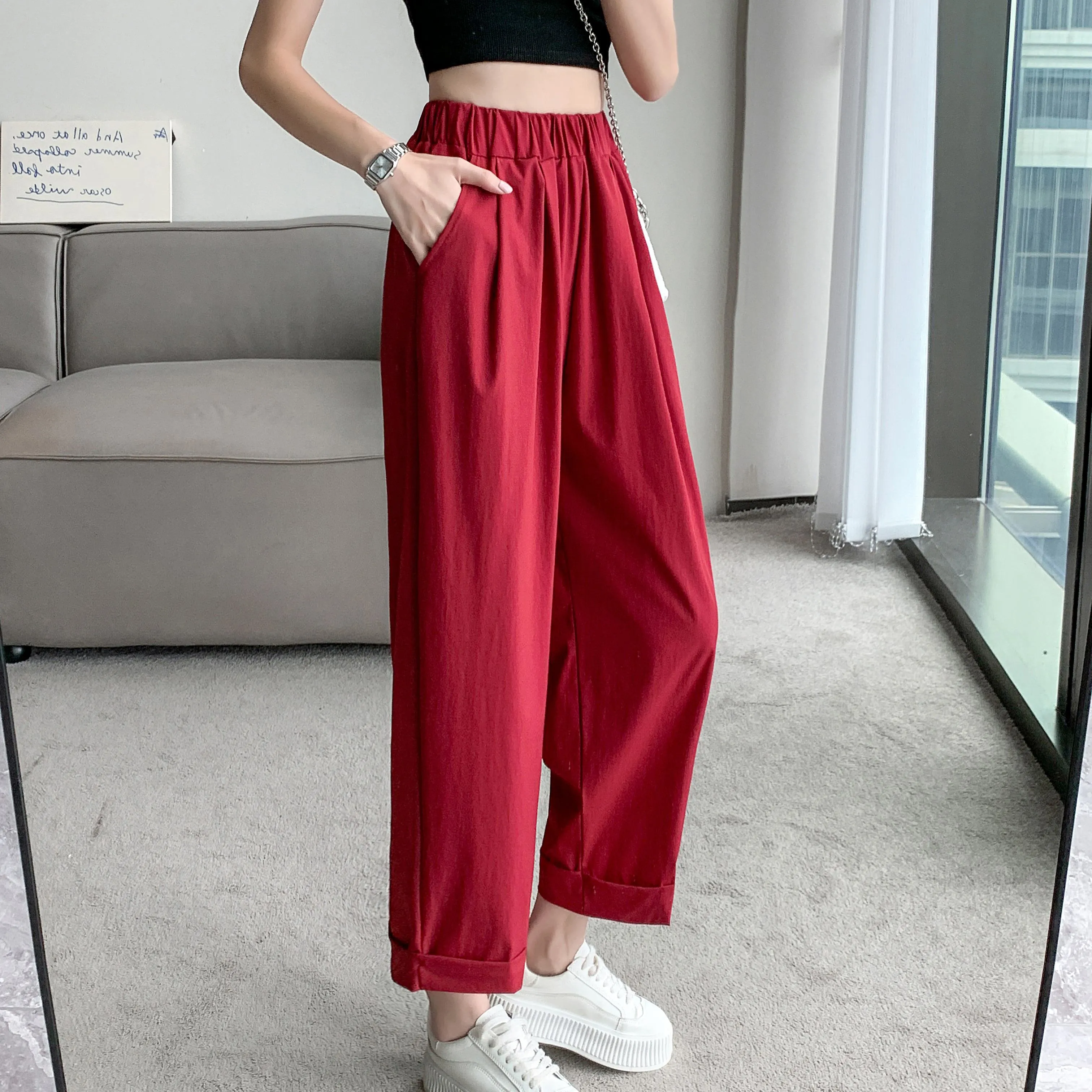 Straight Leg Loose Fit Pockets Solid Color Versatile Ankle Cut Pants