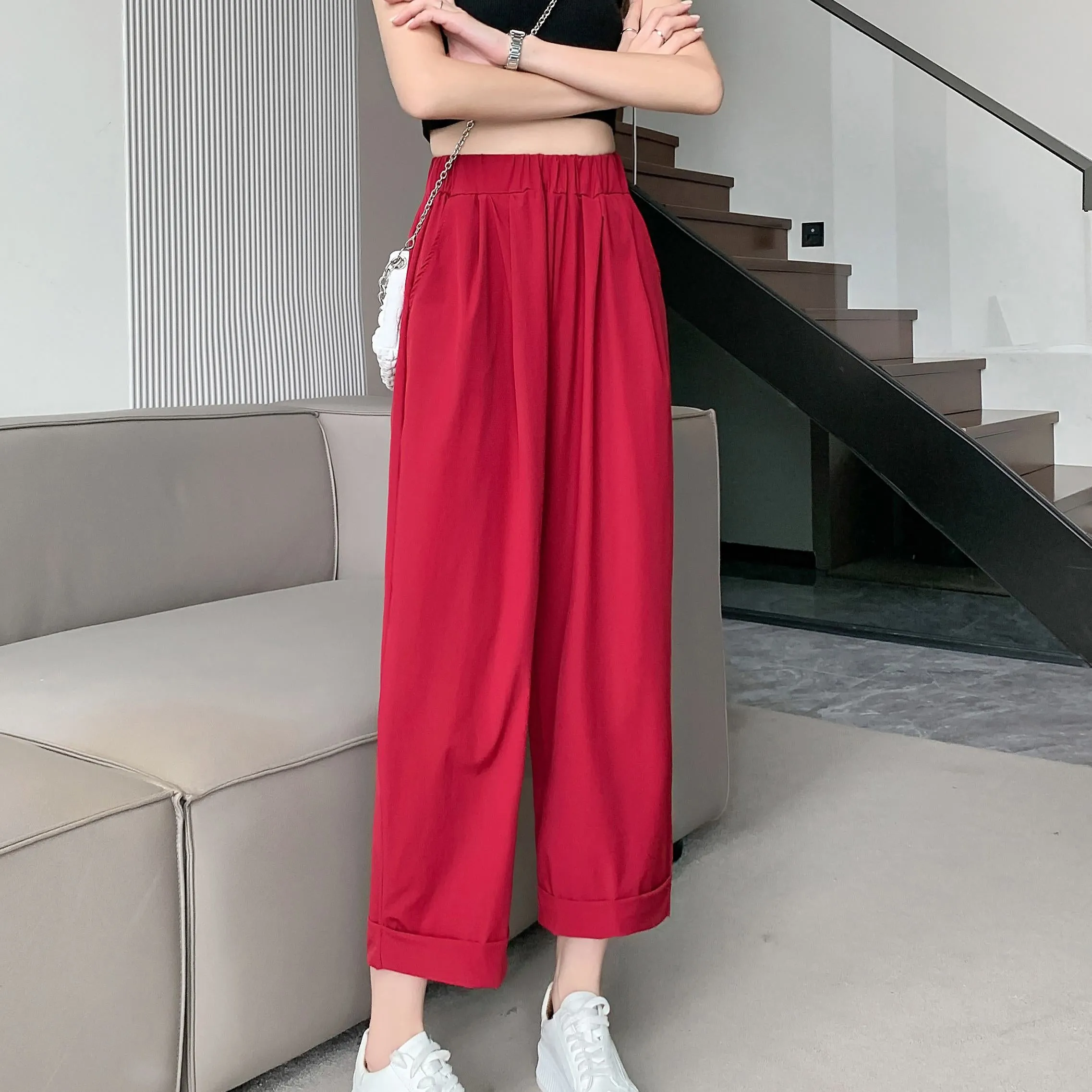 Straight Leg Loose Fit Pockets Solid Color Versatile Ankle Cut Pants