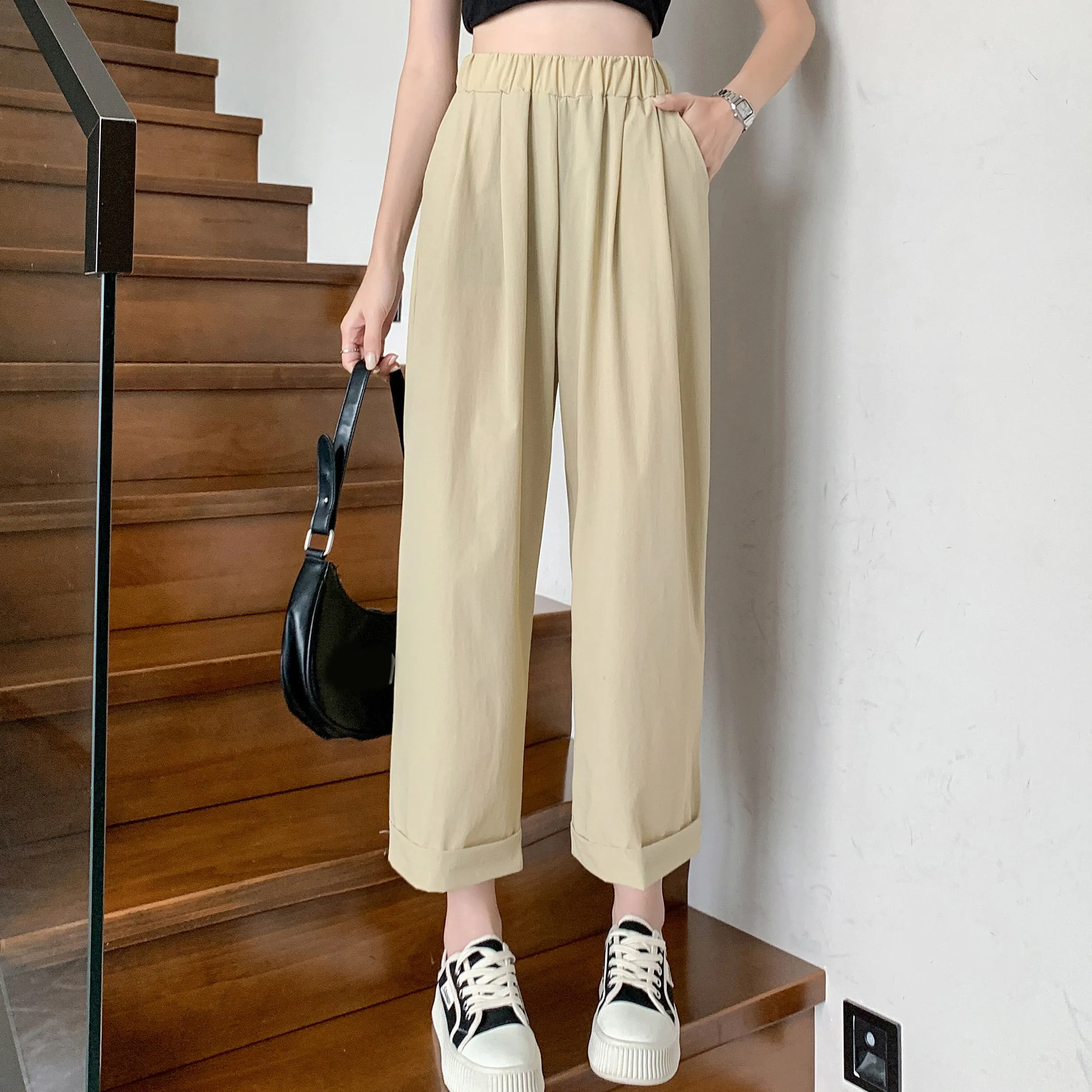 Straight Leg Loose Fit Pockets Solid Color Versatile Ankle Cut Pants