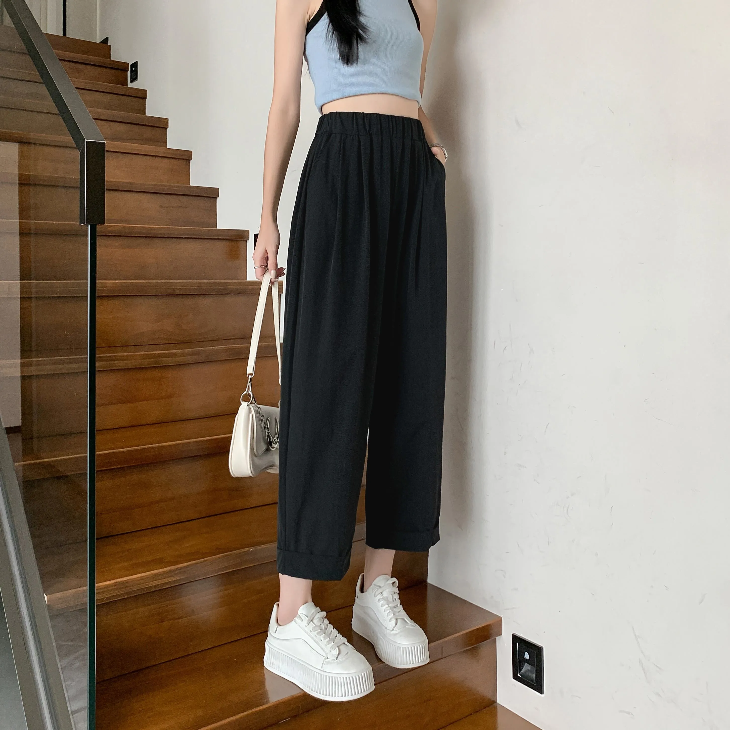 Straight Leg Loose Fit Pockets Solid Color Versatile Ankle Cut Pants