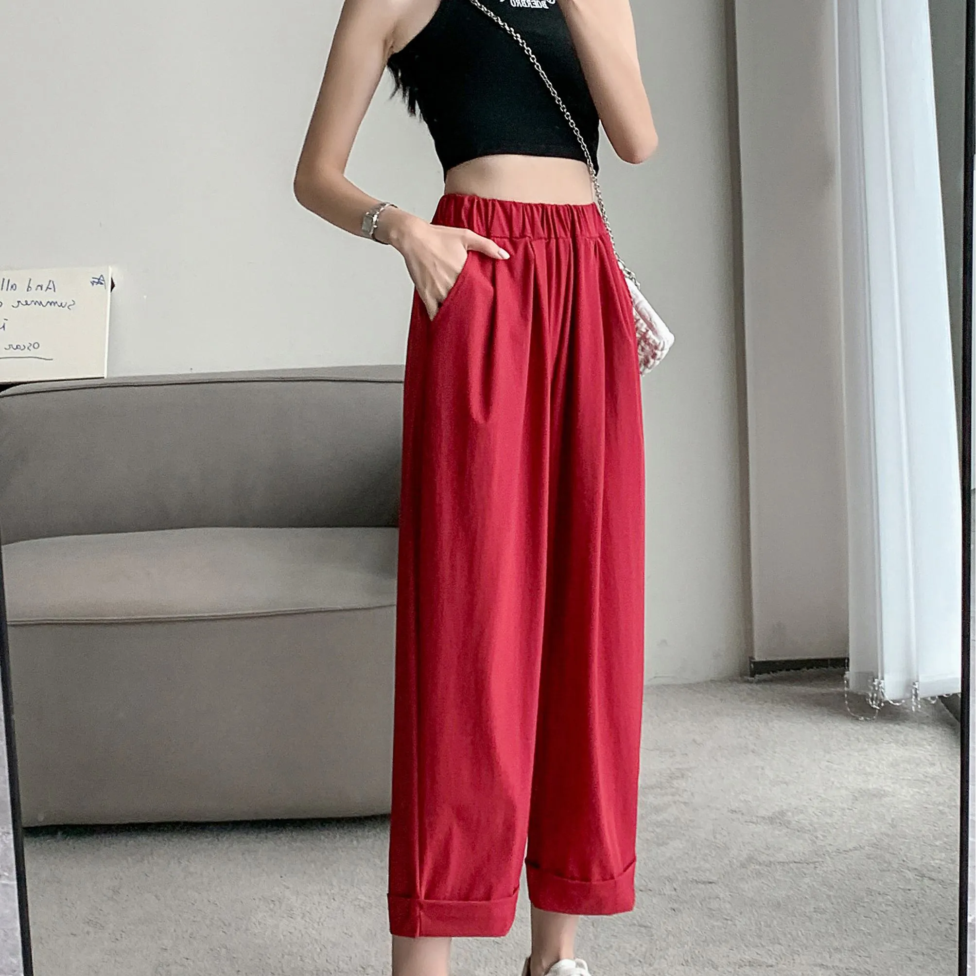 Straight Leg Loose Fit Pockets Solid Color Versatile Ankle Cut Pants