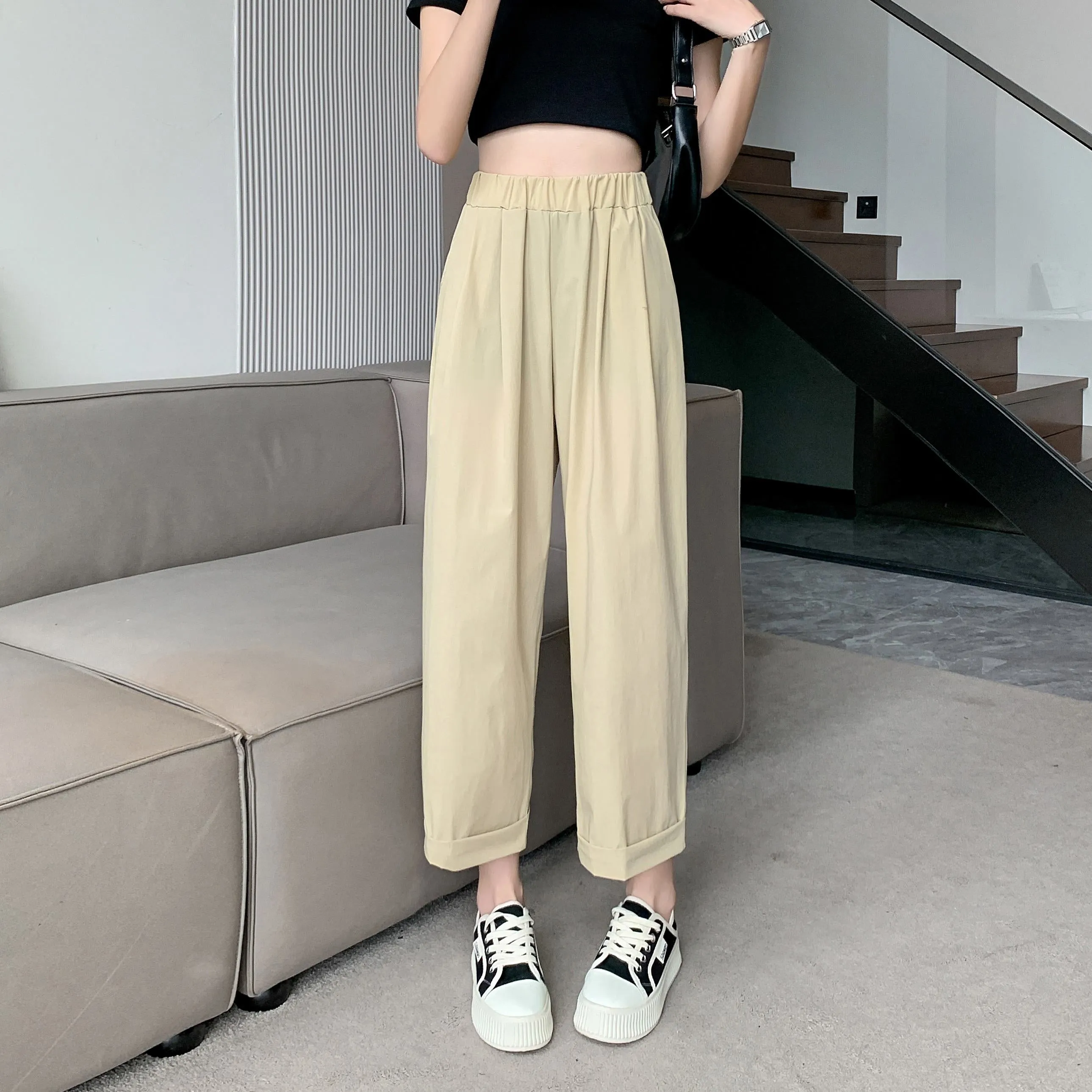 Straight Leg Loose Fit Pockets Solid Color Versatile Ankle Cut Pants