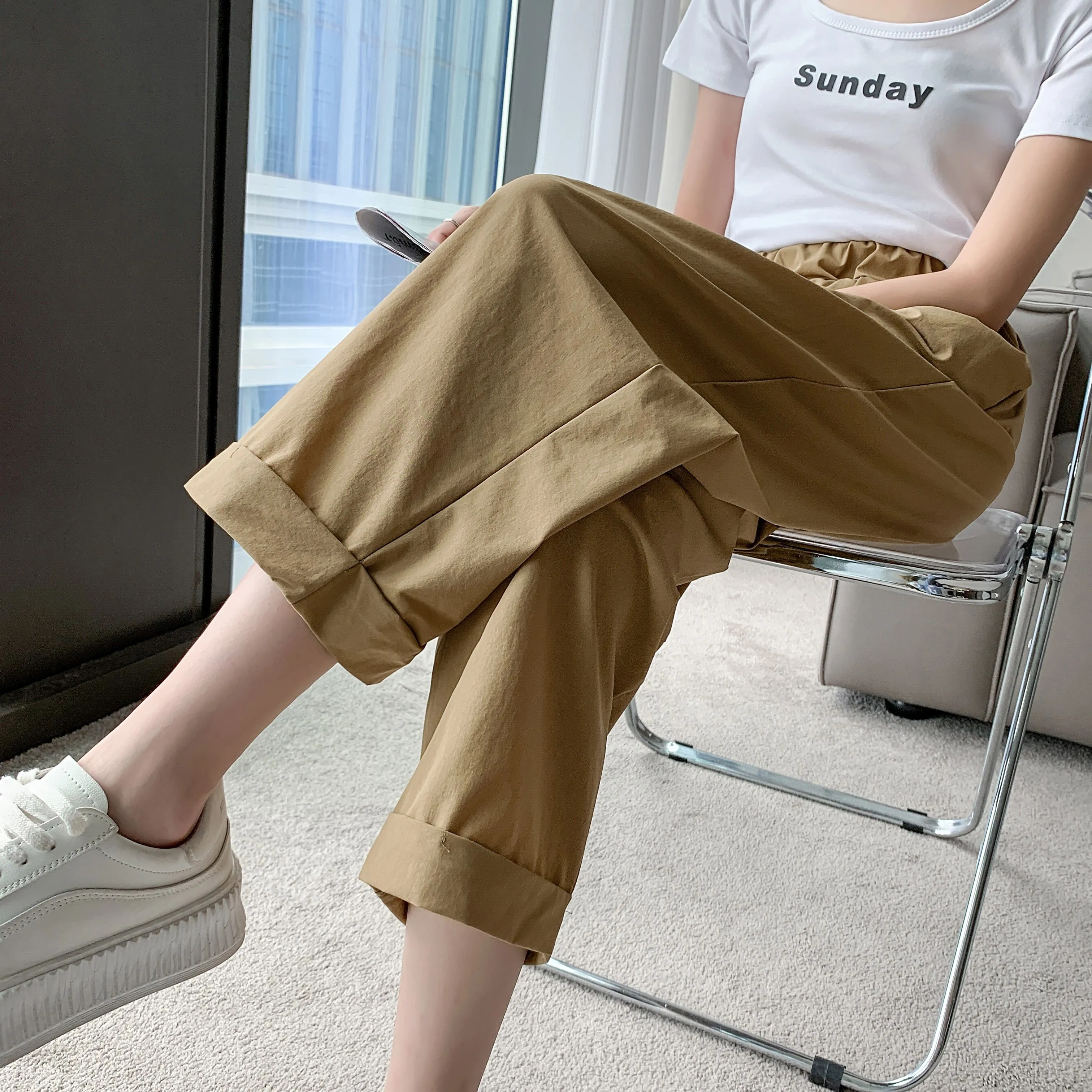 Straight Leg Loose Fit Pockets Solid Color Versatile Ankle Cut Pants