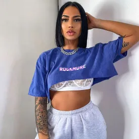 Summer Casual Letter Print Loose Hip Hop Short Sleeve Blue Crop Top Tees