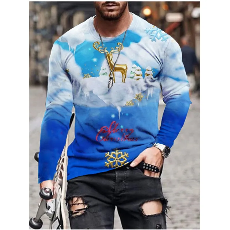 T-Shirt Men Christmas Party Tops Long Sleeve O-Neck Casual