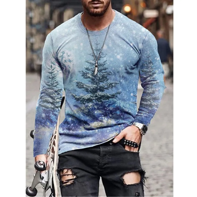 T-Shirt Men Christmas Party Tops Long Sleeve O-Neck Casual