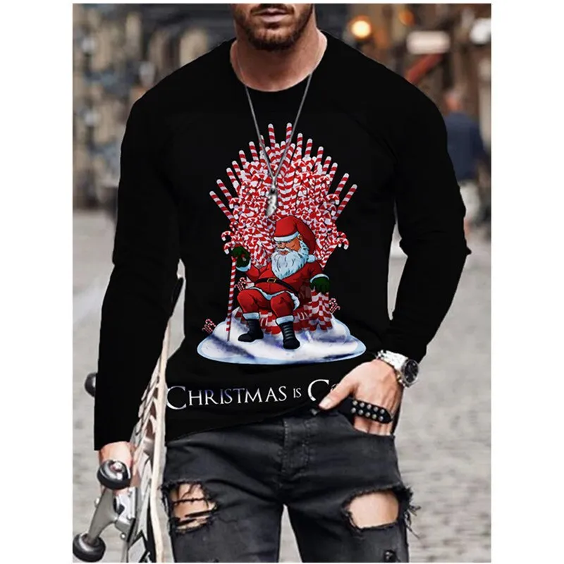 T-Shirt Men Christmas Party Tops Long Sleeve O-Neck Casual