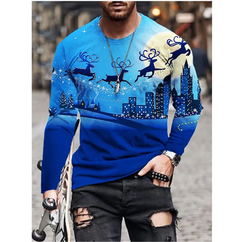 T-Shirt Men Christmas Party Tops Long Sleeve O-Neck Casual