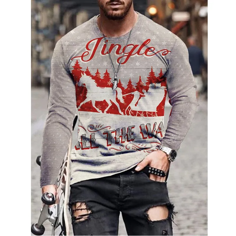 T-Shirt Men Christmas Party Tops Long Sleeve O-Neck Casual