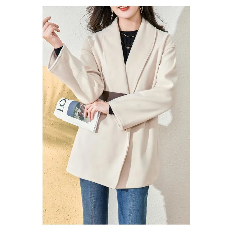 Tie-Up Wool Thigh-Length Loose Fit Wrap Coat