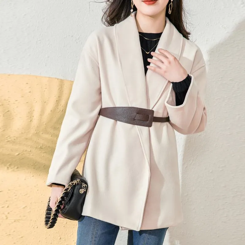 Tie-Up Wool Thigh-Length Loose Fit Wrap Coat