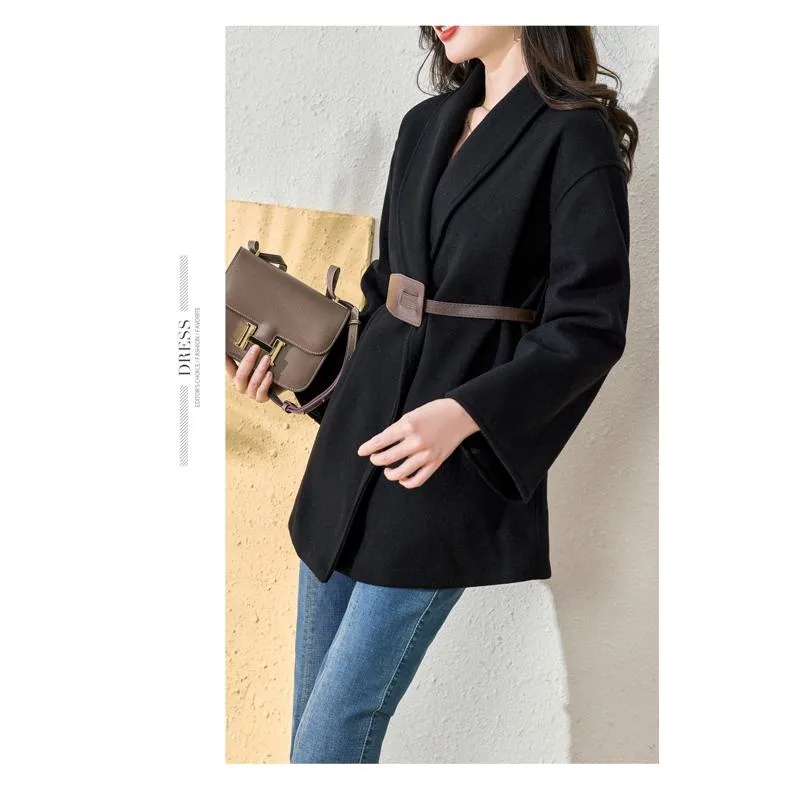 Tie-Up Wool Thigh-Length Loose Fit Wrap Coat