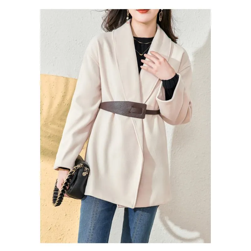 Tie-Up Wool Thigh-Length Loose Fit Wrap Coat