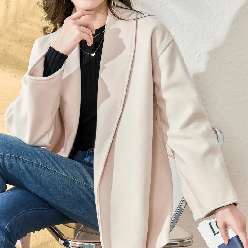 Tie-Up Wool Thigh-Length Loose Fit Wrap Coat