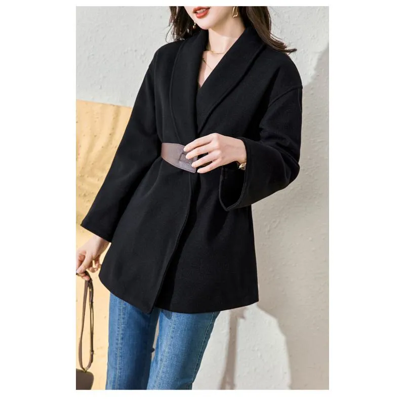 Tie-Up Wool Thigh-Length Loose Fit Wrap Coat