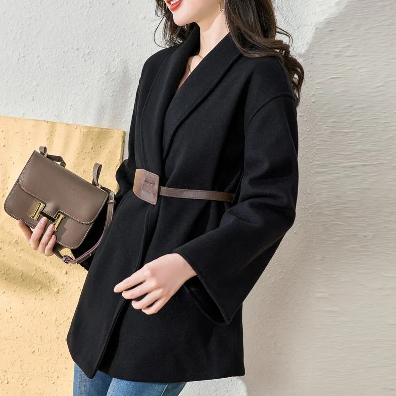 Tie-Up Wool Thigh-Length Loose Fit Wrap Coat