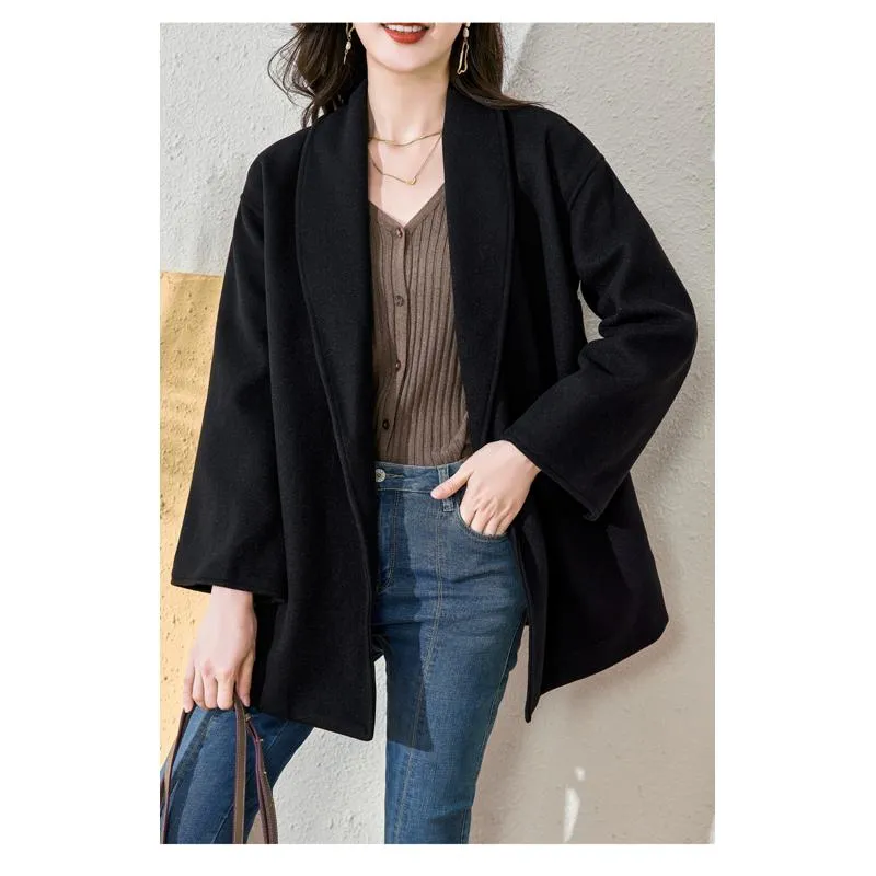 Tie-Up Wool Thigh-Length Loose Fit Wrap Coat