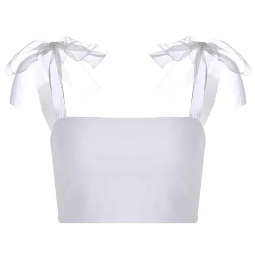 White Kawaii Bralette Crop Top Sexy Mesh Bow-Knot Spaghetti Strap Cropped Sleeveless