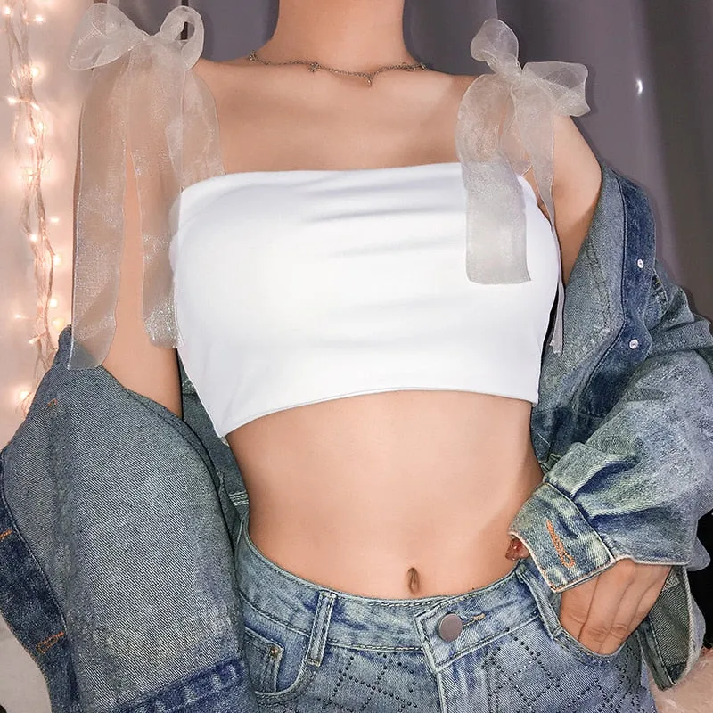 White Kawaii Bralette Crop Top Sexy Mesh Bow-Knot Spaghetti Strap Cropped Sleeveless