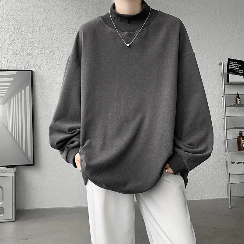 WIAOFELLAS  -  Autumn Winter Stand Collar T Shirt Men Oversized Casual T-shirt Men Streetwear Korean Loose Long Sleeve T-shirt Mens Top M-3XL