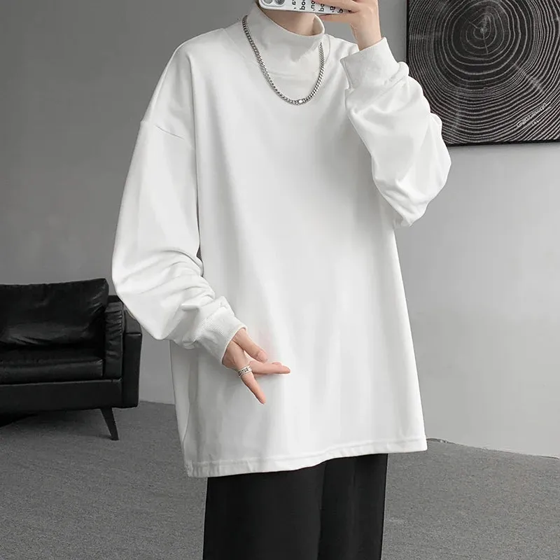 WIAOFELLAS  -  Autumn Winter Stand Collar T Shirt Men Oversized Casual T-shirt Men Streetwear Korean Loose Long Sleeve T-shirt Mens Top M-3XL