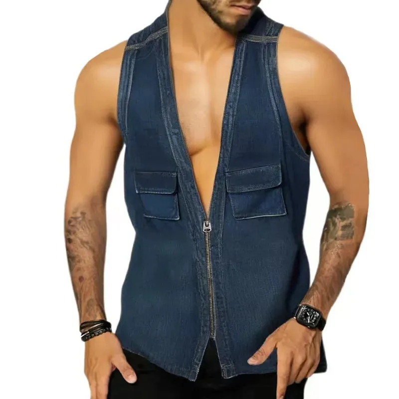 Wiaofellas  -  Men Vest Thin Coats Denim Waistcoat For Men Hop Streetwear Clothing Zipper With Pockets Solid Color Soft Cardigan Tank Tops