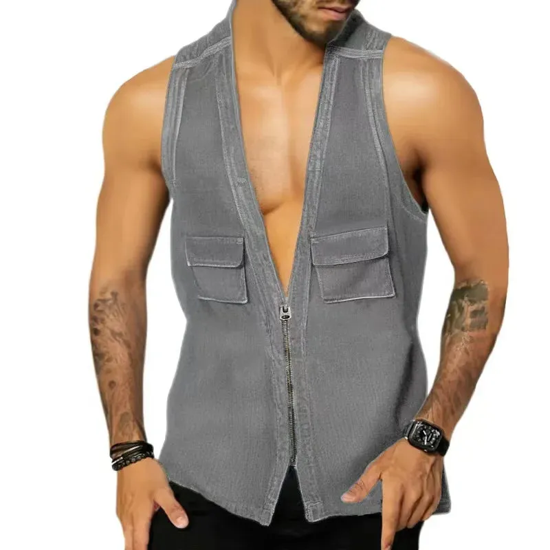 Wiaofellas  -  Men Vest Thin Coats Denim Waistcoat For Men Hop Streetwear Clothing Zipper With Pockets Solid Color Soft Cardigan Tank Tops