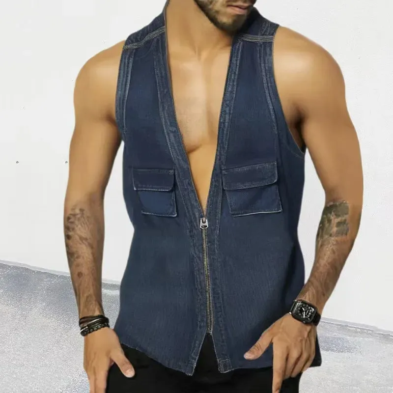 Wiaofellas  -  Men Vest Thin Coats Denim Waistcoat For Men Hop Streetwear Clothing Zipper With Pockets Solid Color Soft Cardigan Tank Tops