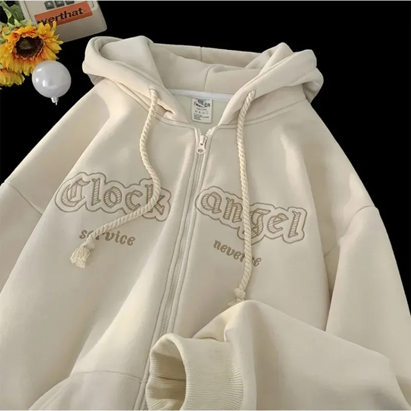 WIAOFELLAS -  Men Zip-up Hoodies Embroidered Clock Angel Letter Vintage Hooded Gothic Trend Couple Outerwear Y2k Women Hoodie Autumn Cardigan