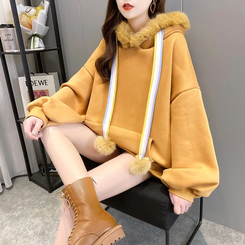 Winter Warm Women Hoodies Thick Sweet Faux Fur Hooded Wool Liner Loose Japan Girls Oversize Sweatshirt Casual Pink Tops