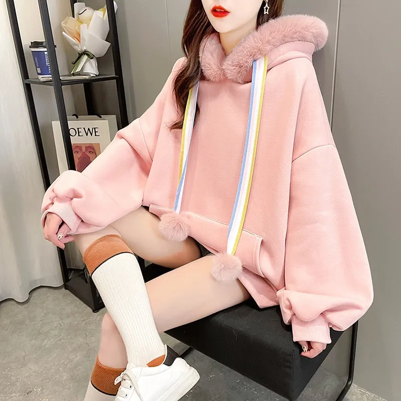 Winter Warm Women Hoodies Thick Sweet Faux Fur Hooded Wool Liner Loose Japan Girls Oversize Sweatshirt Casual Pink Tops