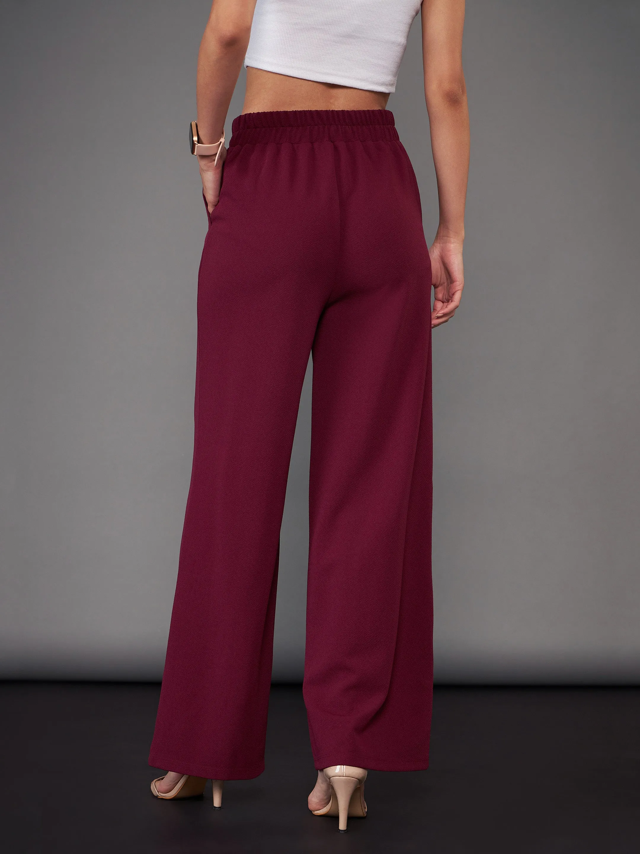 Women Burgundy Front Darted Palazzo Pants