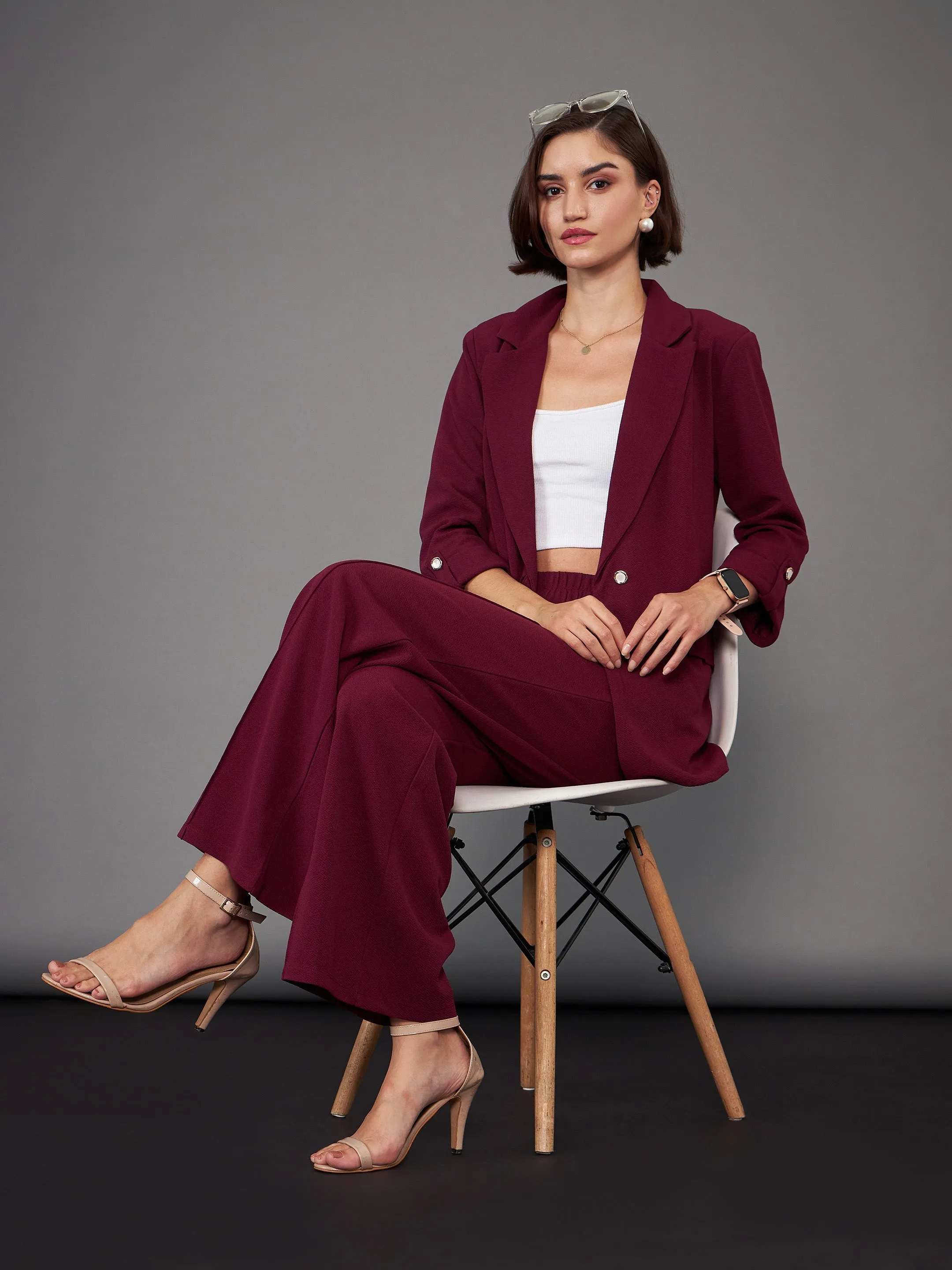 Women Burgundy Front Darted Palazzo Pants