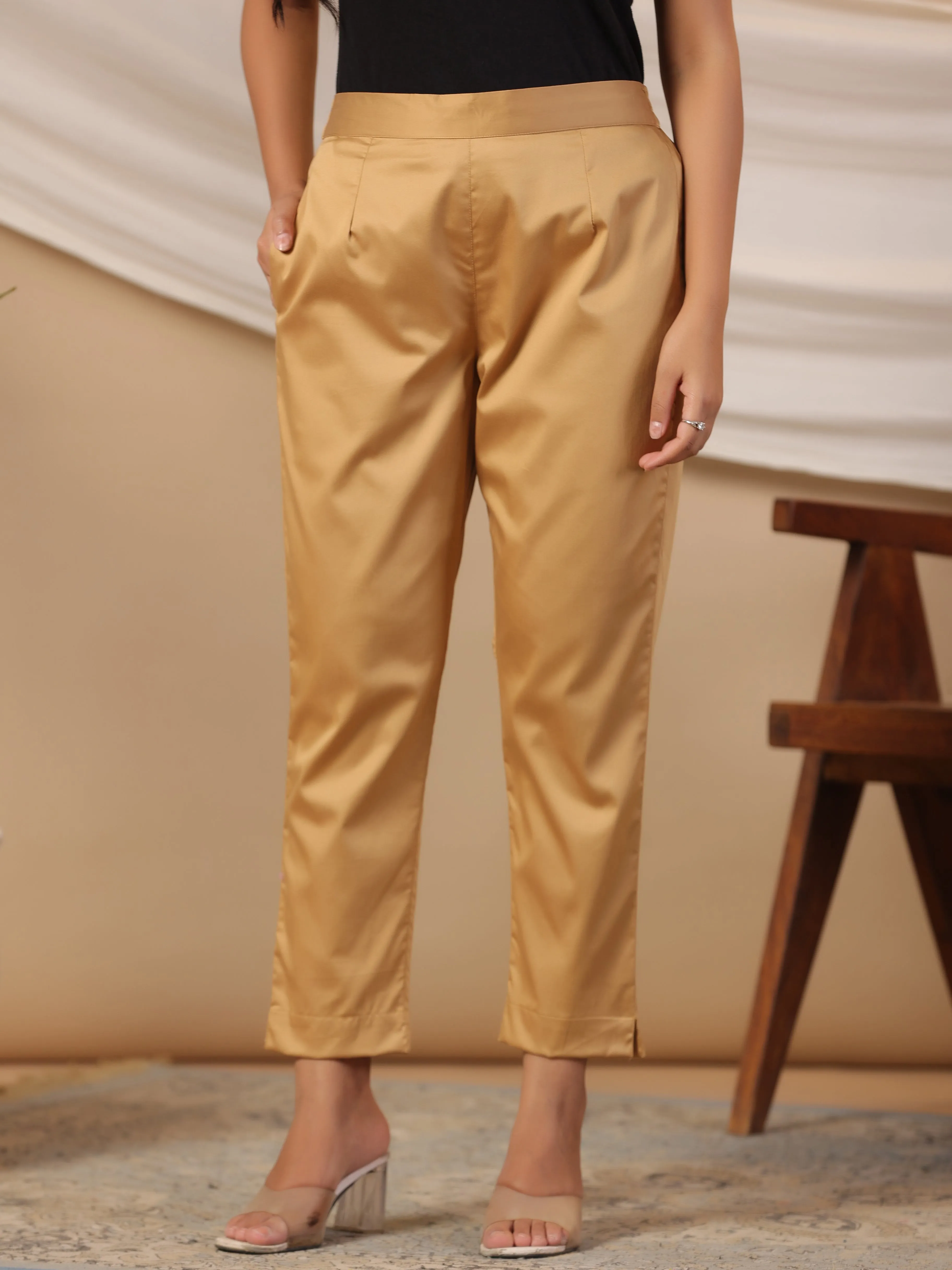 Women Gold Cotton Lycra Solid Pant